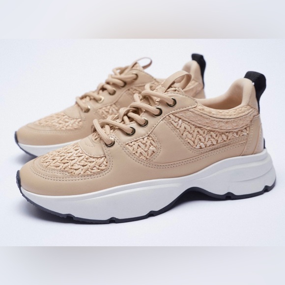 Zara Crochet Straw Raffia Combination Chunky Sneakers